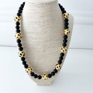 NWT Genuine Gold Leaf Murano Glass & Black Onyx Necklace Beaded Black